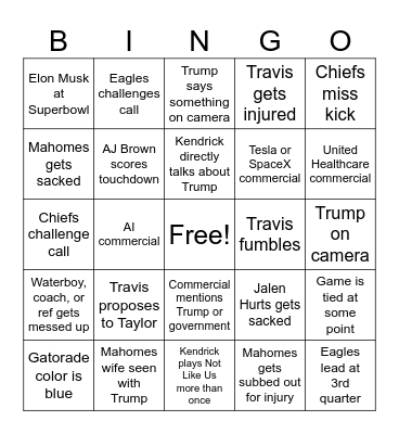 Super Bowl Bingo Card