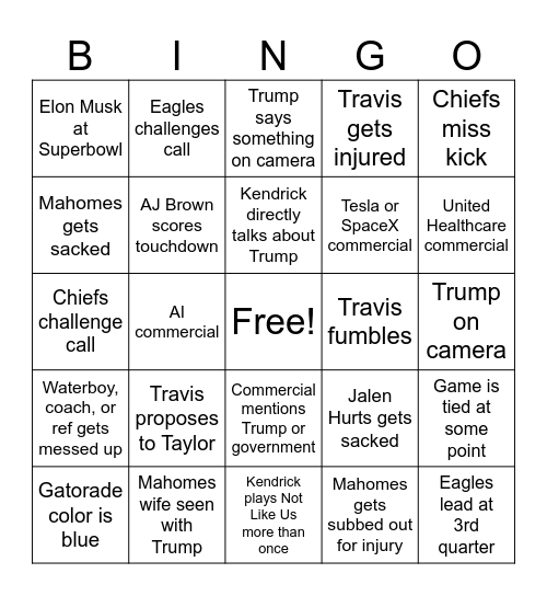 Super Bowl Bingo Card