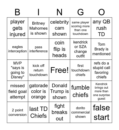 SUPERBOWL 2025 Bingo Card