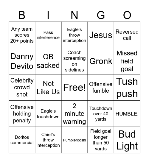 Eagles vs Chief Bingo Card