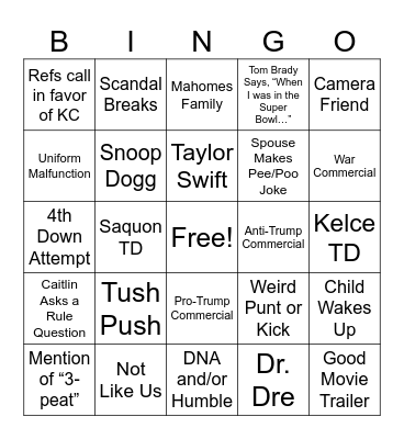 Super Bowl Bingo Card