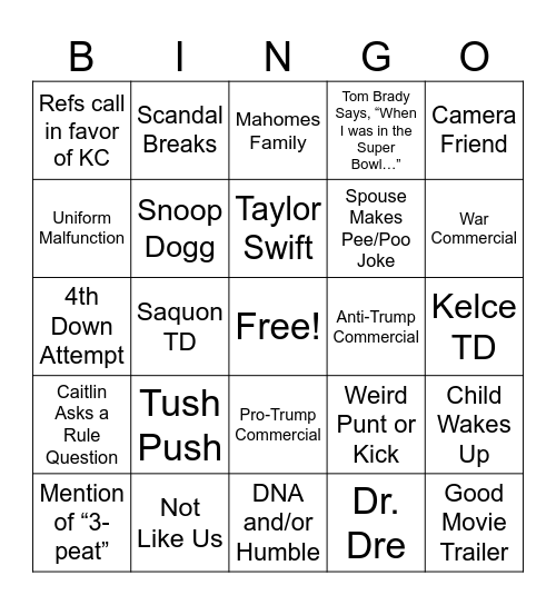 Super Bowl Bingo Card
