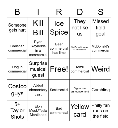SuperBowl Bingo Card