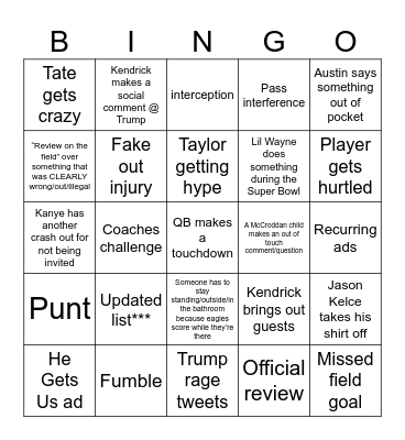 Super Bowl 2025 Bingo Card
