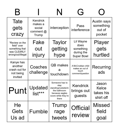 Super Bowl 2025 Bingo Card