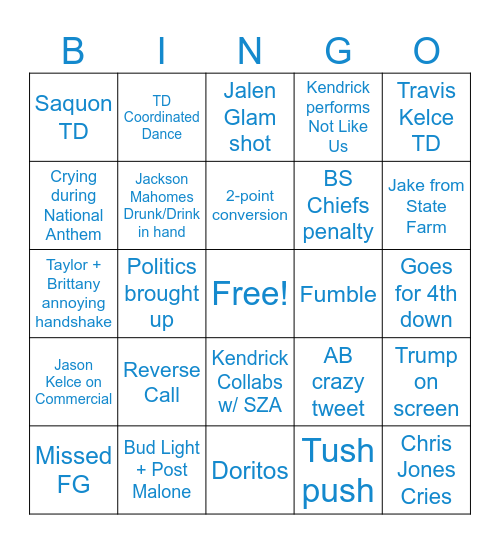 SUPER BOWL BINGO Card