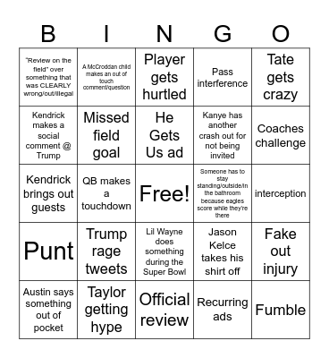 Super Bowl 2025 Bingo Card