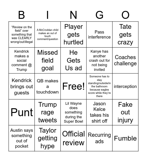 Super Bowl 2025 Bingo Card