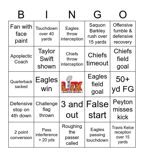 Super Bowl 2025 Bingo Card