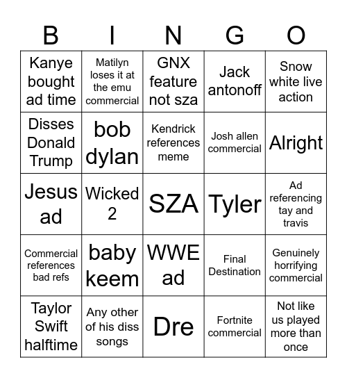 Superbowl Bingo Card