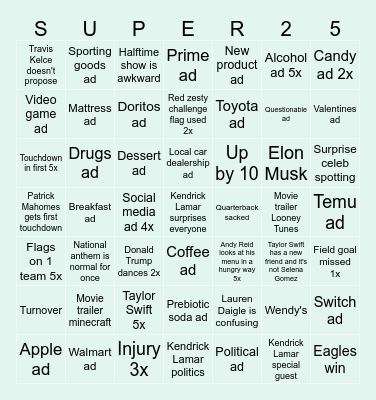 SuperBowl Bingo Card