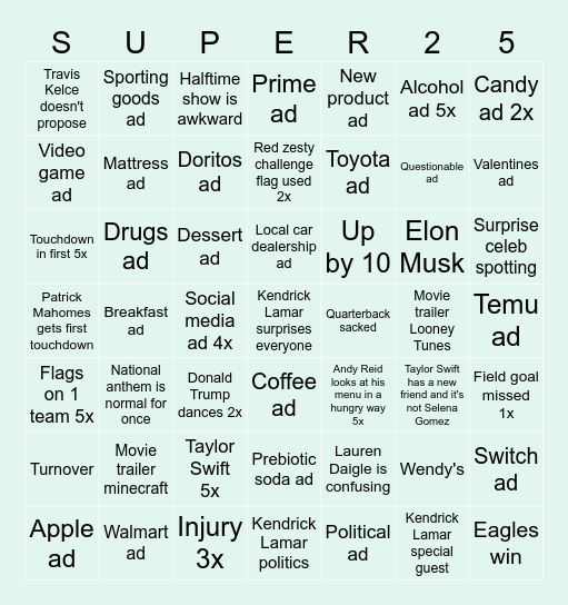 SuperBowl Bingo Card
