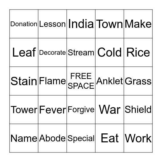 Gujarati Bingo Card