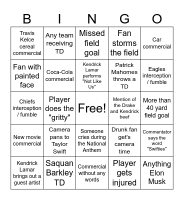 EM Superbowl Sunday Bingo Card