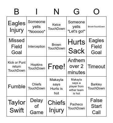Super Bowl Bingo Card