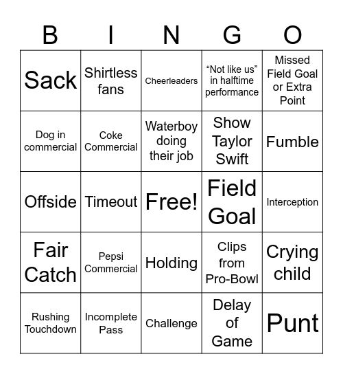 Super Bowl Bingo! Bingo Card