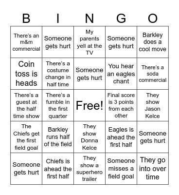 Superbowl 2025 Bingo Card