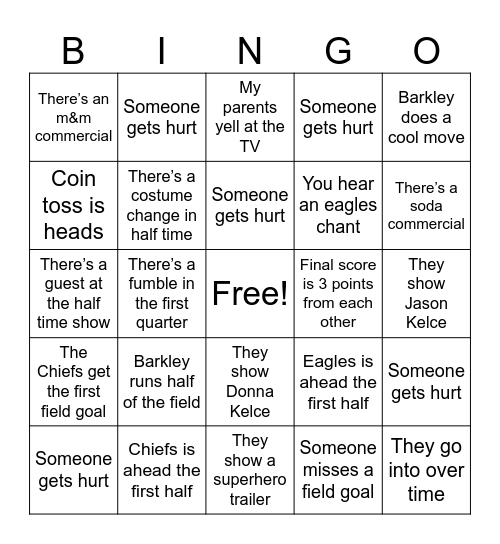 Superbowl 2025 Bingo Card