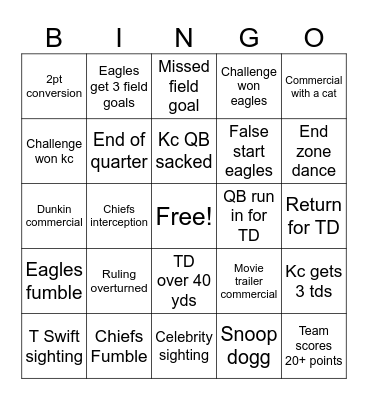 Super bowl 59 Bingo Card