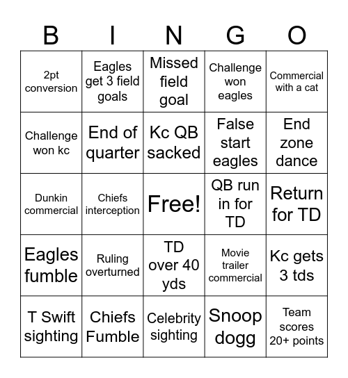 Super bowl 59 Bingo Card