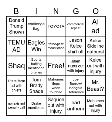 SuperBowl Bingo Card