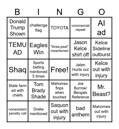 SuperBowl Bingo Card