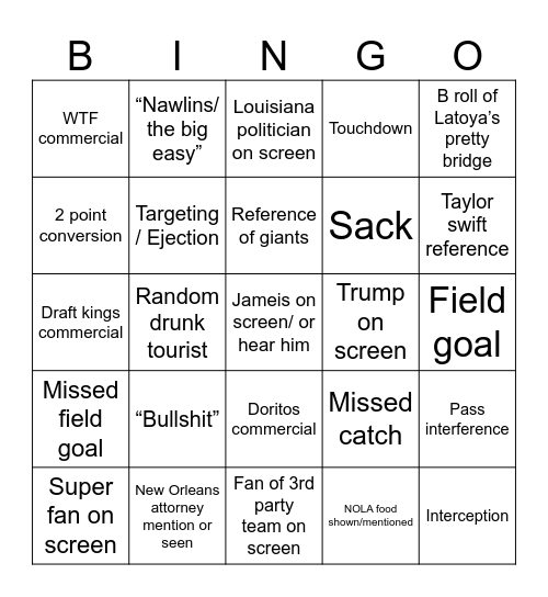 SUPERBOWL 2025 Bingo Card