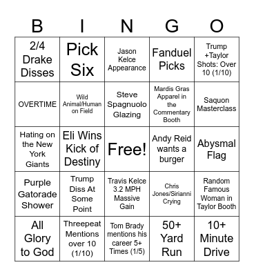 Superbowl Bingo Card