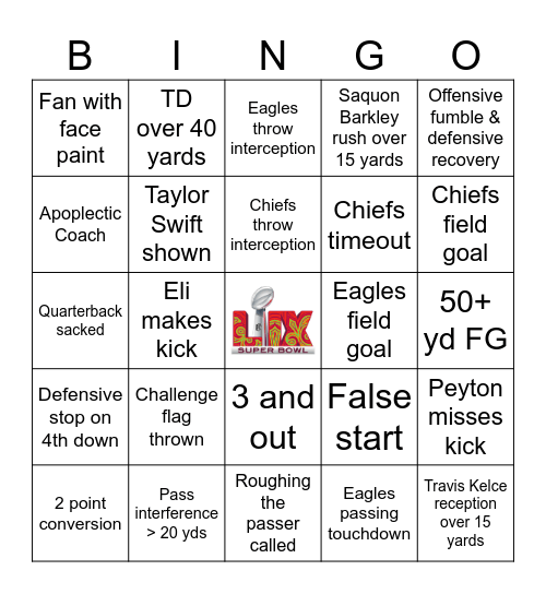 Super Bowl 2025 Bingo Card