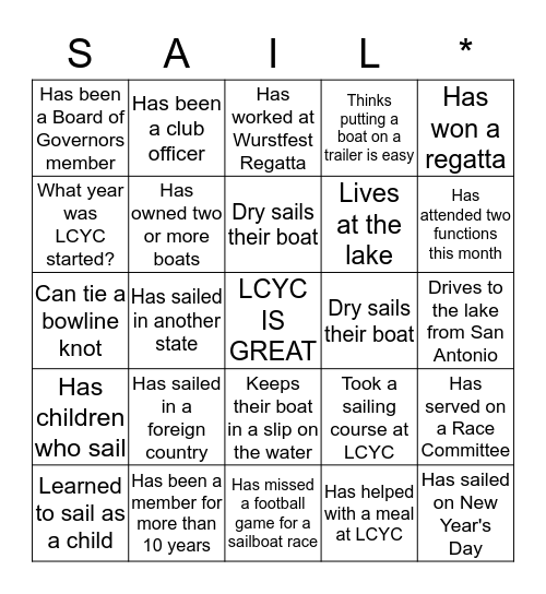 Lake Canyon Yacht Club Bingo Card