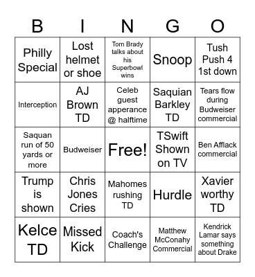 Superbowl Bingo Card