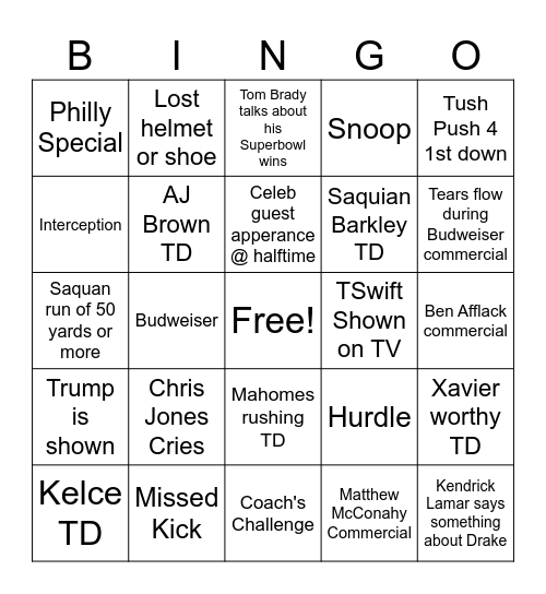 Superbowl Bingo Card