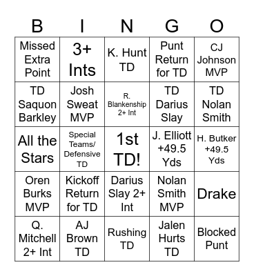 Super Bowl Bingo Card