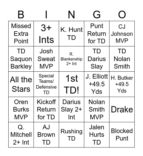 Super Bowl Bingo Card