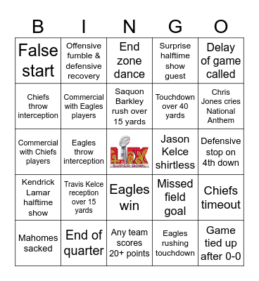 Super Bowl 2025 Bingo Card