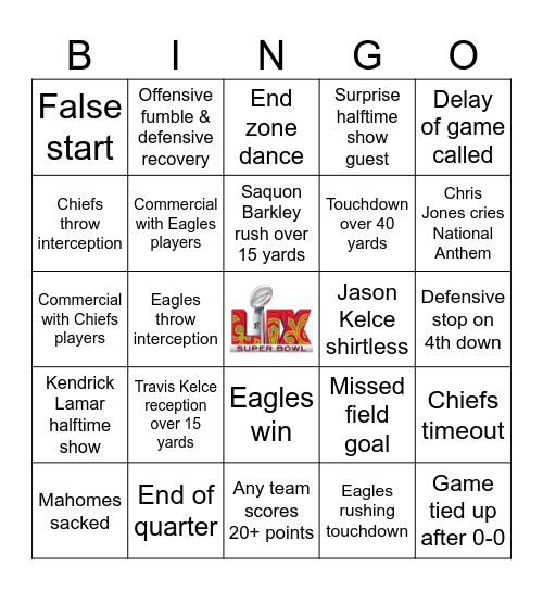 Super Bowl 2025 Bingo Card
