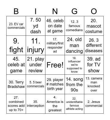 Super Bowl Bingo Card