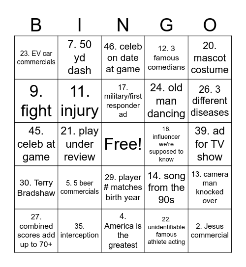Super Bowl Bingo Card