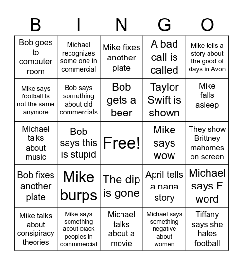Super Bowl Bingo Card