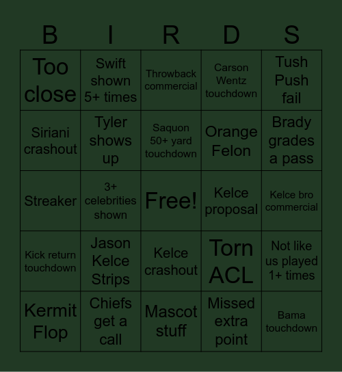 Superbowl Bingo Card