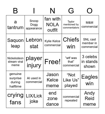 Super Bowl LIX Bingo Card