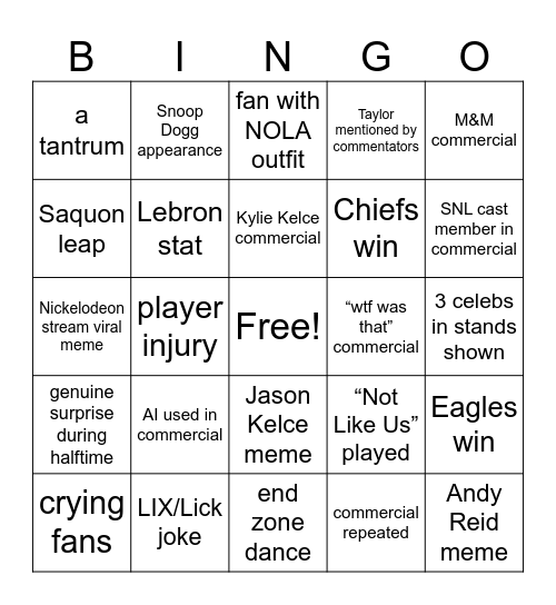 Super Bowl LIX Bingo Card
