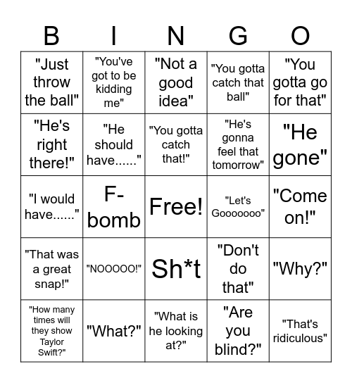 Super Bowl Husband Bingo Card