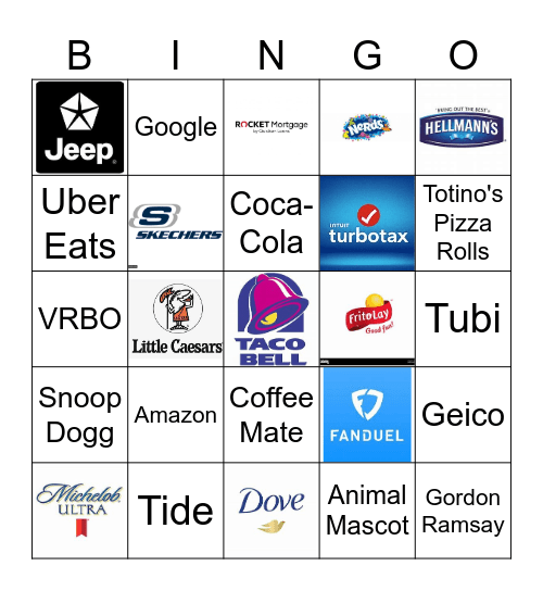Super Bowl Ad Bingo Card