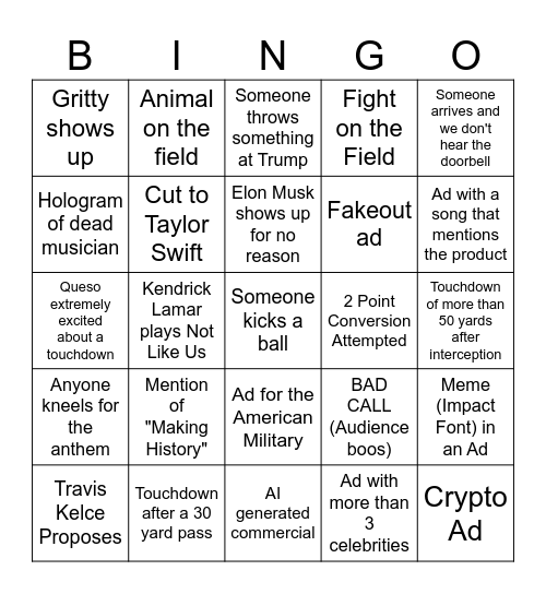 Superbowl 2025 Bingo Card