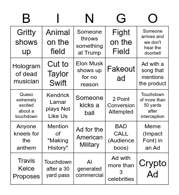 Superbowl 2025 Bingo Card