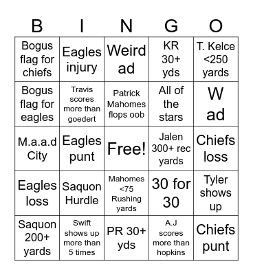 Superbowl Bingo Card