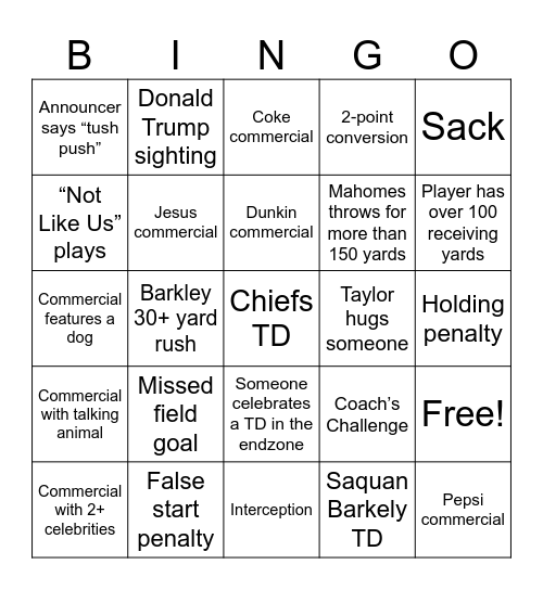 Super Bowl 59 Bingo Card