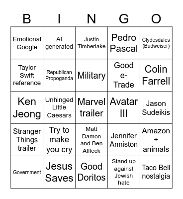 Superbowl Bingo Card