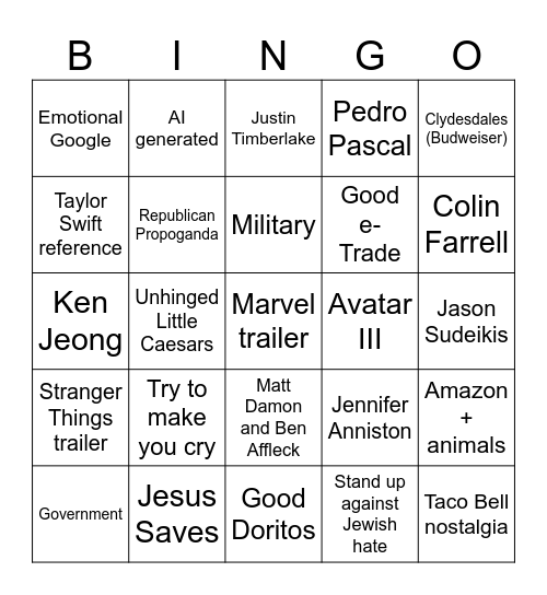Superbowl Bingo Card